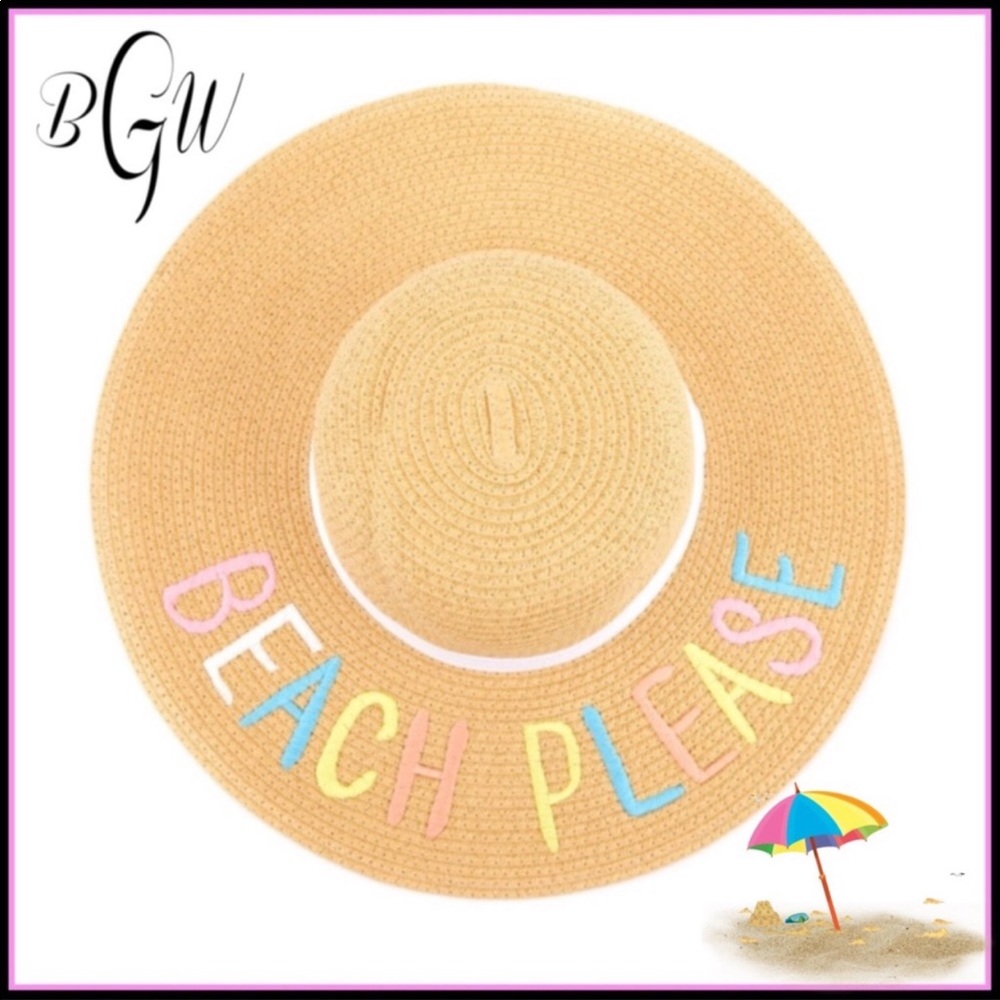 Boutique with Grace Floppy Straw Hat w/ Multi Color Lettering NWOT